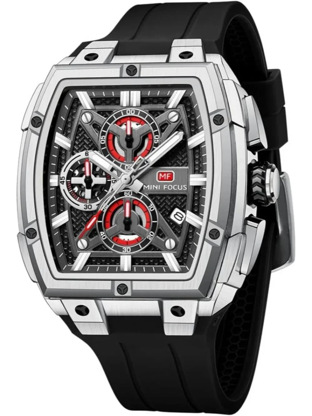 Men's Silver Analog Wrist Skeleton Tonneau Chronograph Ideal Enthusiasts Watch
